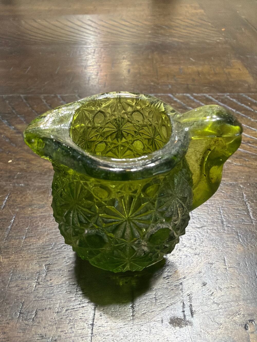 Vintage Olive Green Pressed Glass Mini Creamer Starburst Pattern Small Pitcher